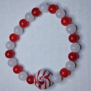 Peppermint Candy. Red Jade/White Jade 8mm round stone beaded bracelet